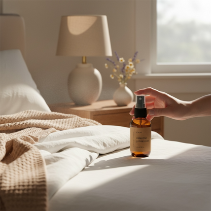 Hand holding a bottle of serum on a bed with a lamp and flowers in the background
