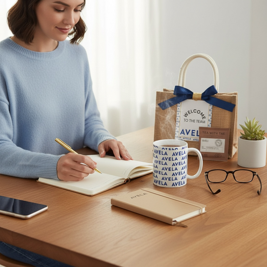 Woman writing in a notebook with a mug and gift bag on a desk