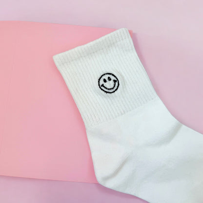 White smiley face embroidered socks emoji socks happy face smiles cute socks gift 