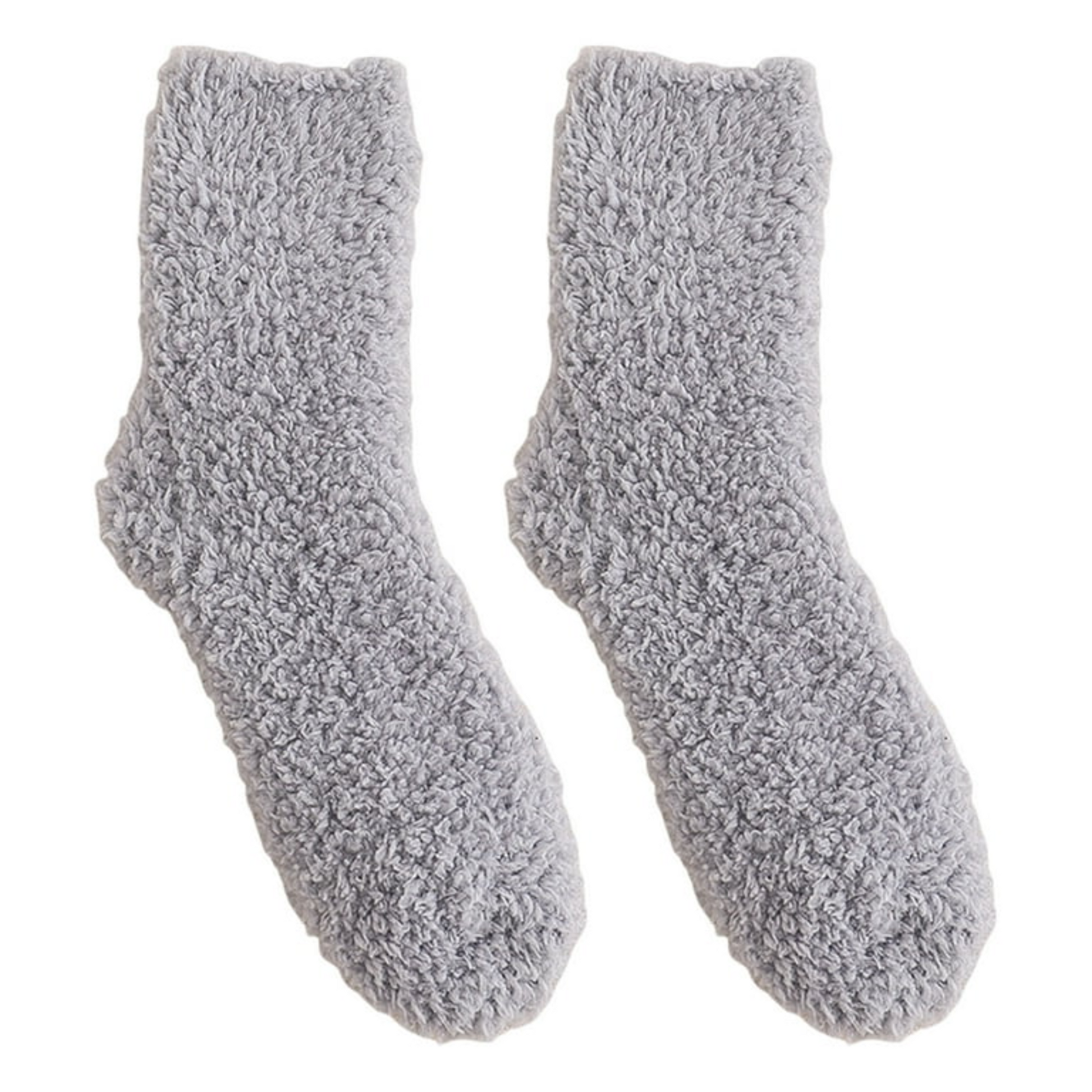 Pair of gray fuzzy socks on a white background