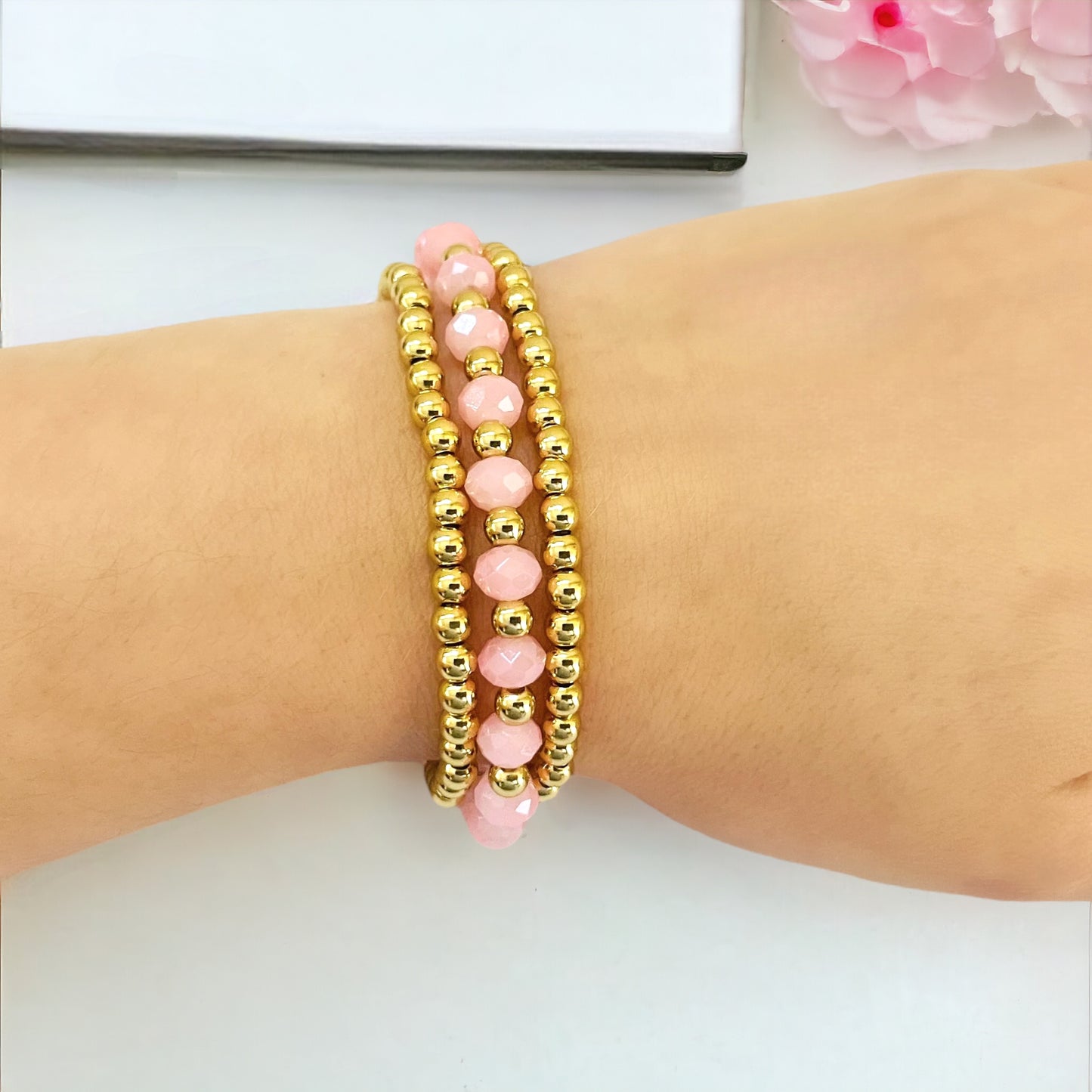 Stretch Bracelet Stack (Pink/Gold)