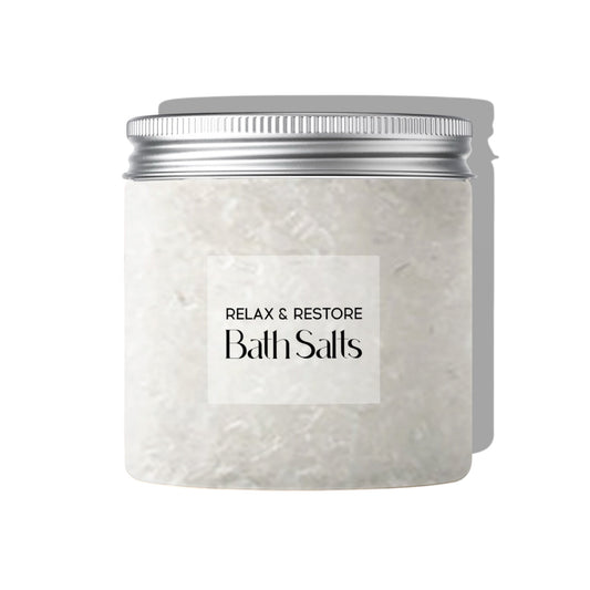 Jar of Epsom Bath Salts, soak relax restore bath salts