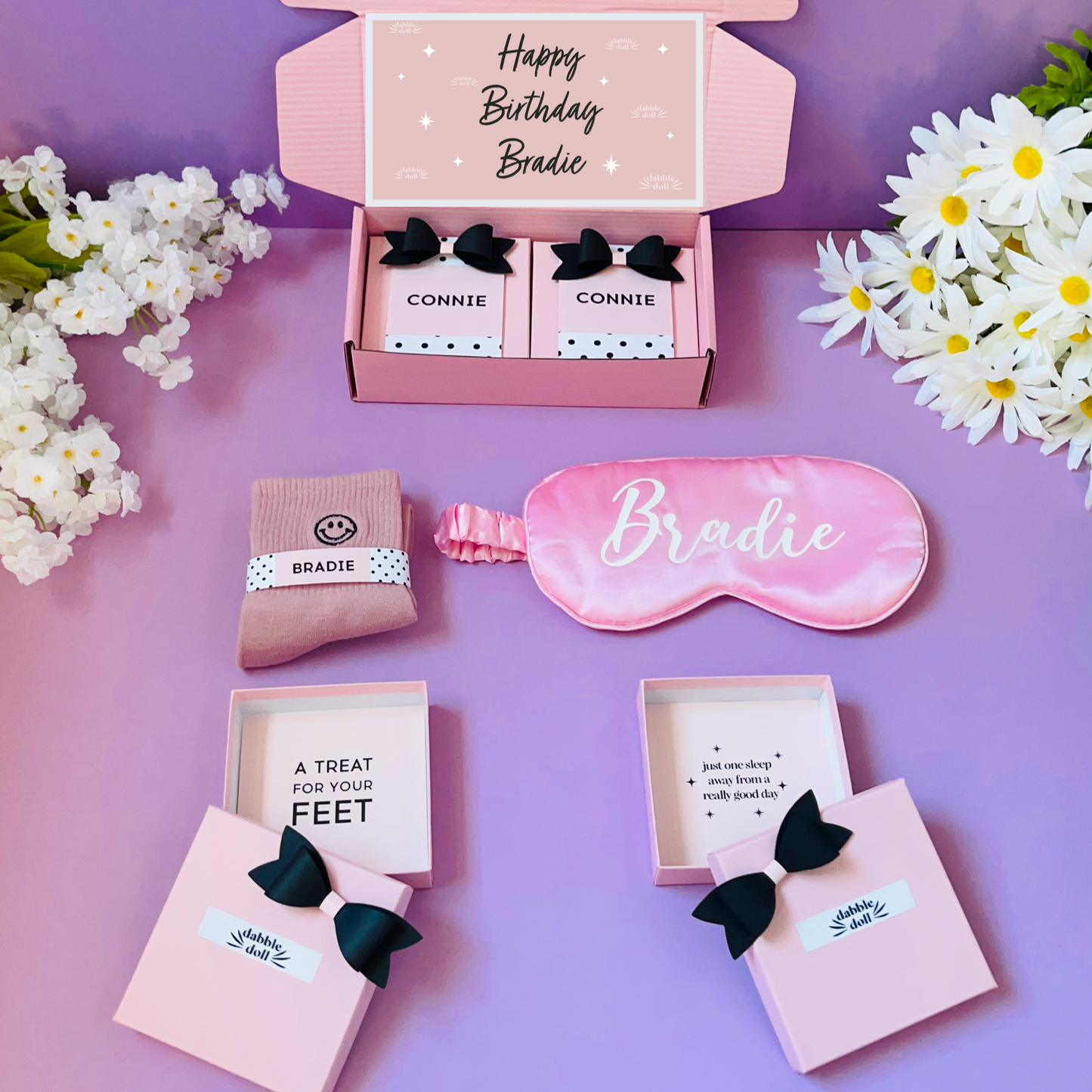 Custom Happy Birthday Gift Box | Pink Sleep Mask + Smiley Socks