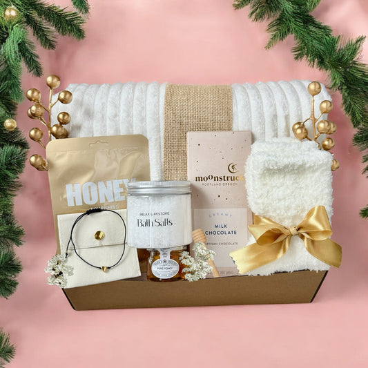 Honey Heart Spa Hygge Gift Basket for Her, Mom, Daughter, Sick Friend Care Package, Thinking of You Cozy Gift Box with Blanket