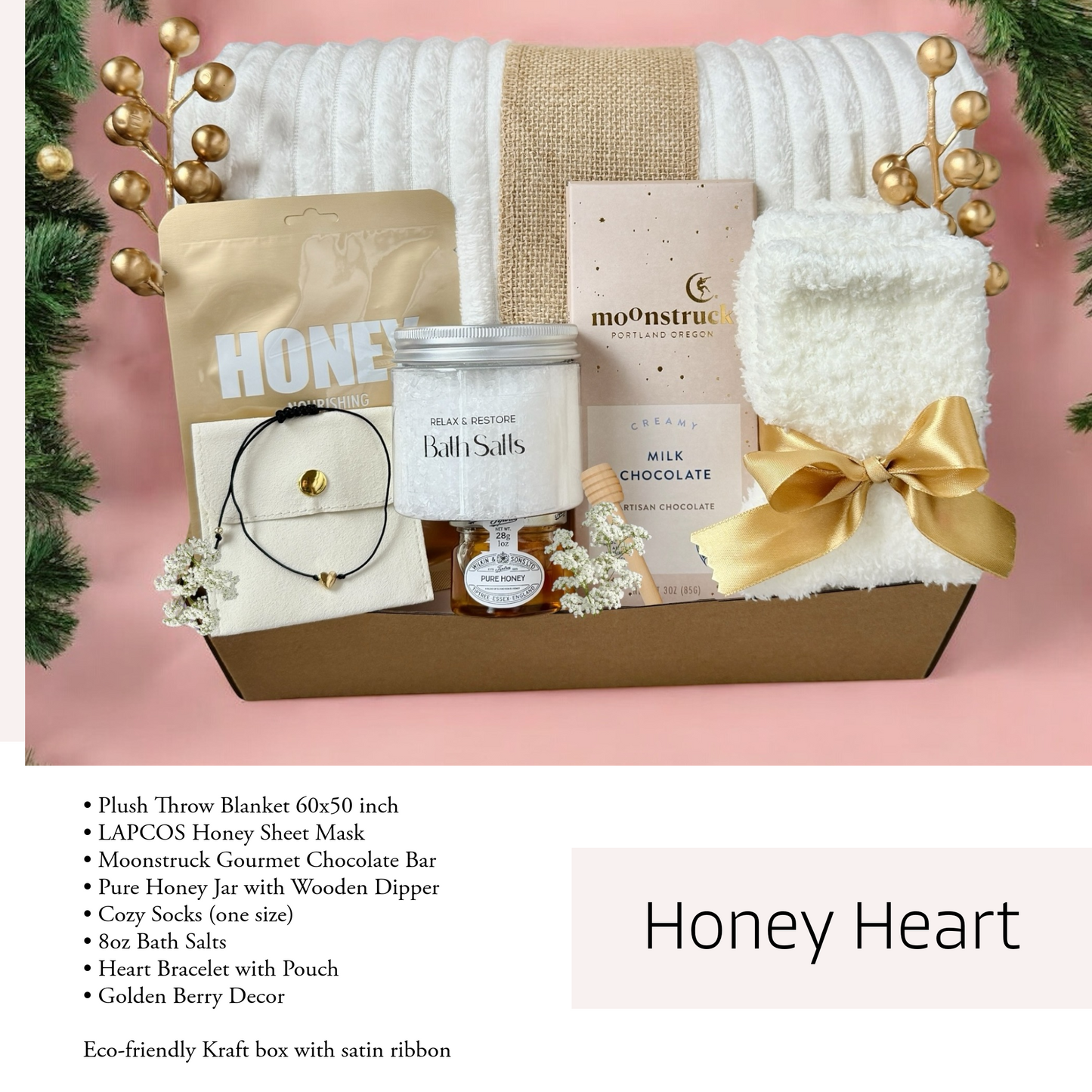 Honey Heart Spa Hygge Gift Basket for Her, Mom, Daughter, Sick Friend Care Package, Thinking of You Cozy Gift Box with Blanket