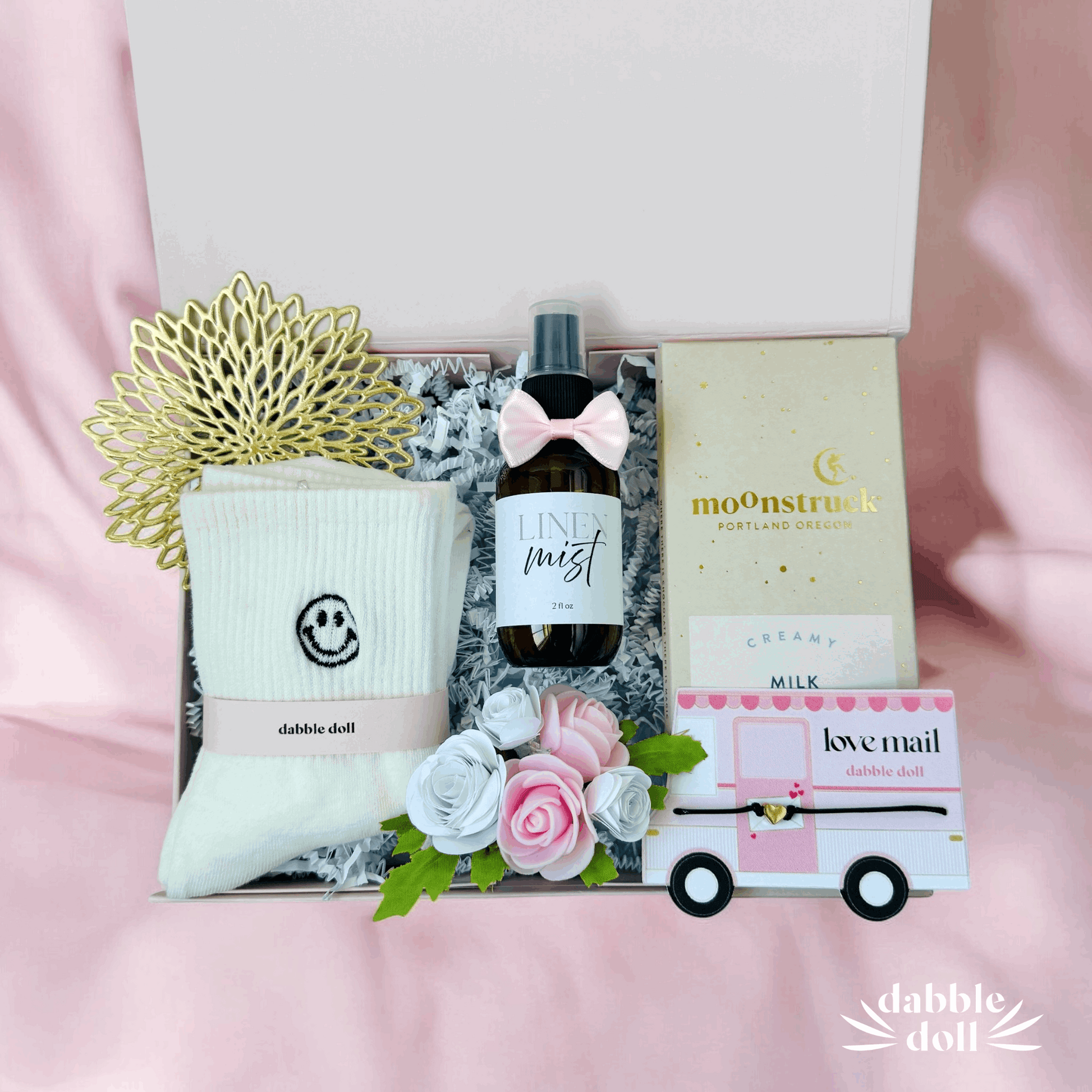 Love mail gift box curated gift basket for women cute valentine Galentine thinking of you gift set for her with chocolate and smiley face emoji socks 