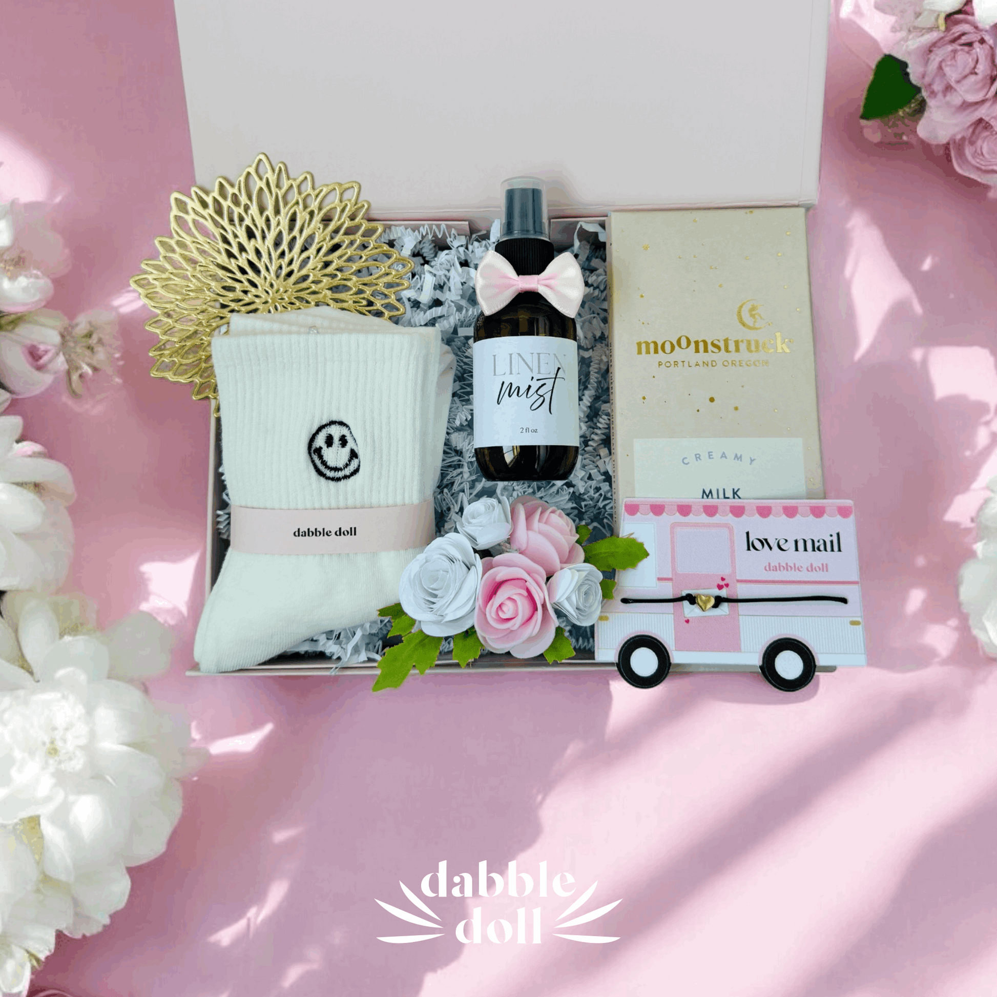 Love mail gift box curated gift basket for women cute valentine Galentine thinking of you gift set for her with chocolate and smiley face emoji socks 