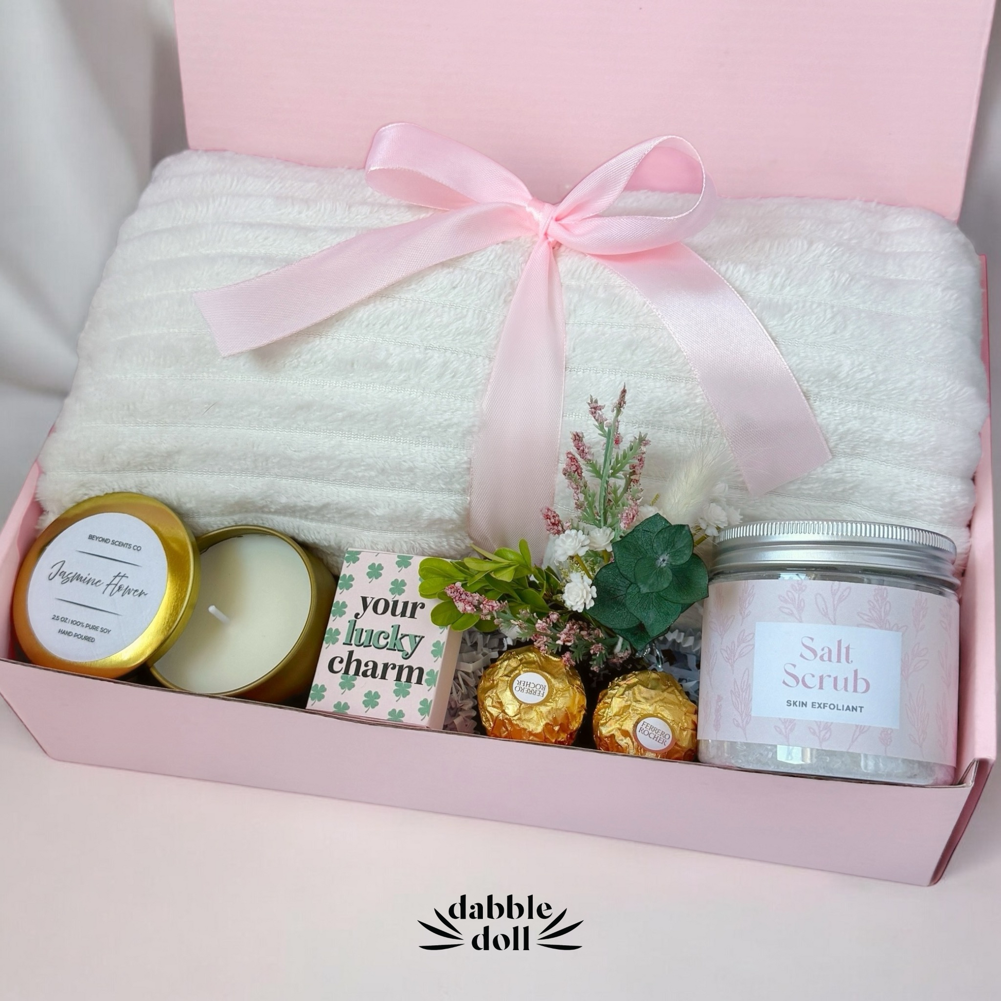 Pink blush comfy cozy hygge gift box care package for women thinking of you gift for daughter home sick gift