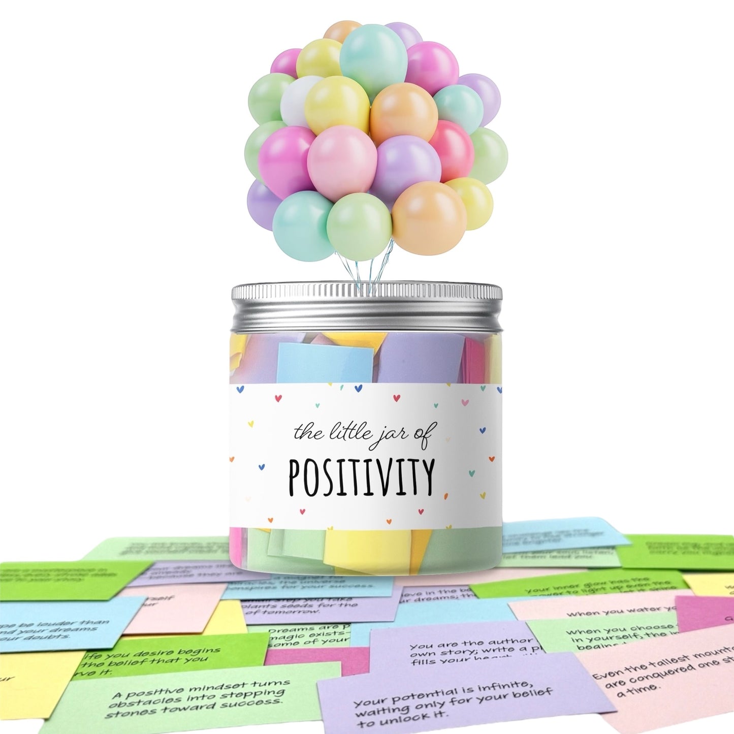 Jar labeled 'the little jar of Positivity' with pastel balloons and colorful cards on a white background