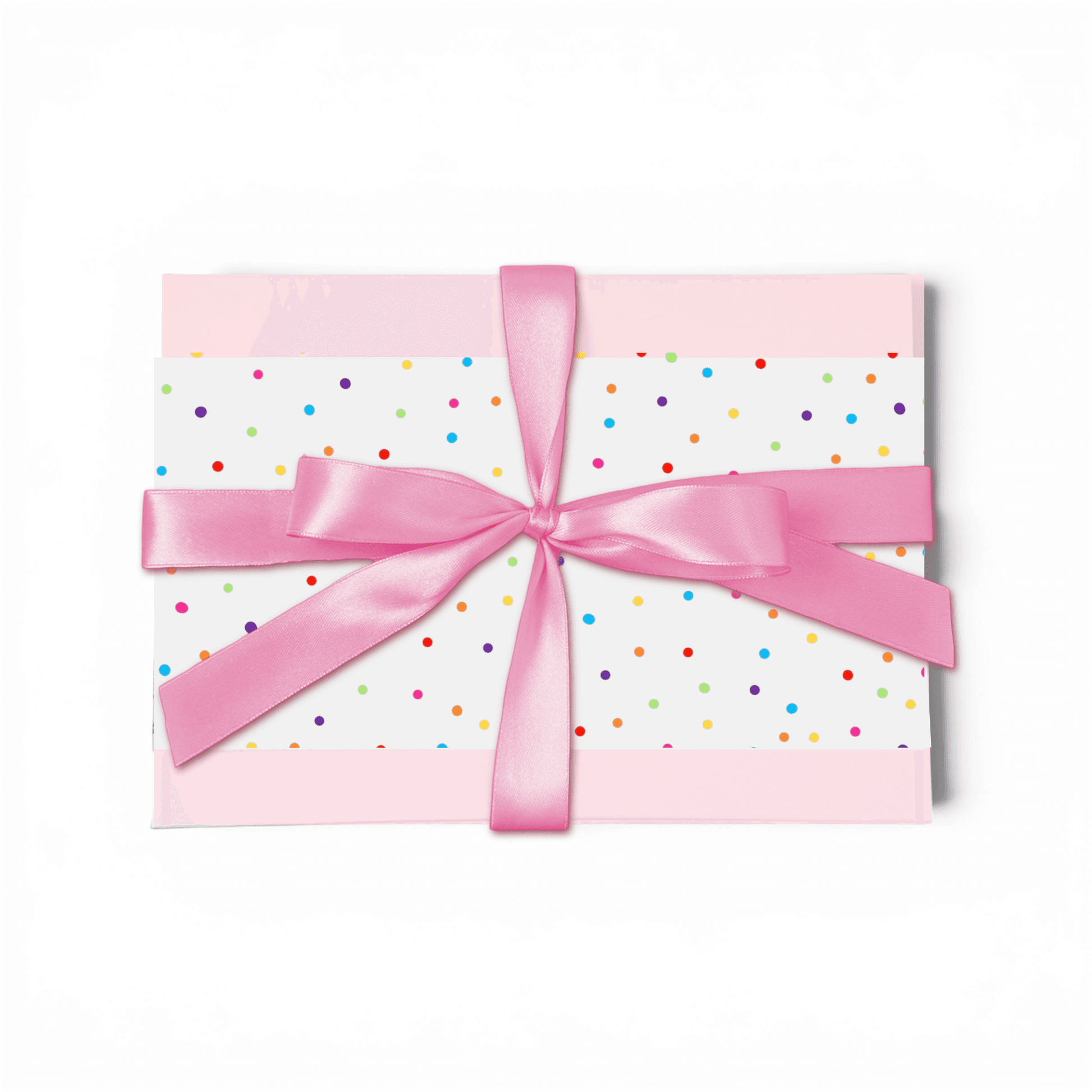 Gift box with colorful polka dots and a pink ribbon on a white background