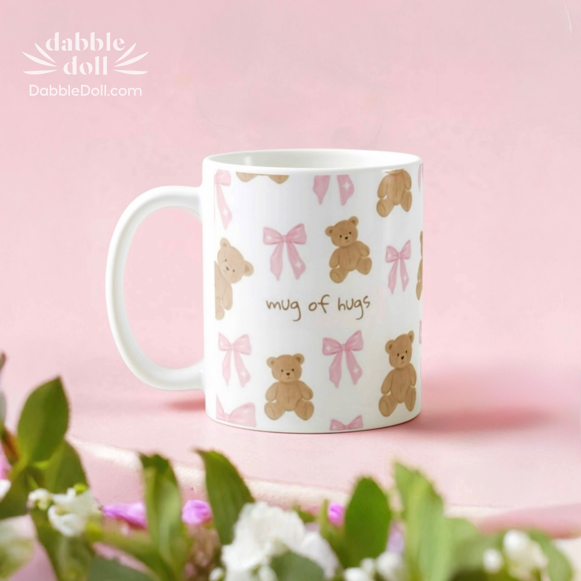 Mug of hugs, ceramic coffee mug, cute pink bear hugs mug pink bow, gift for women