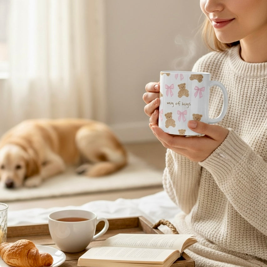 coffee ceramic mug teddy bear design with croissant Dabble Doll coffee ceramic mug featuring a fun design, perfect for cozy mornings with pastries