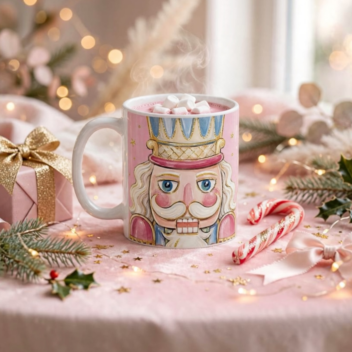 Pink watercolor nutcracker Christmas mug with steaming pink hot cocoa and marshmallows on pink velvet background