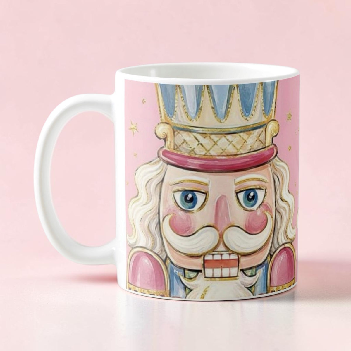 Pink watercolor nutcracker Christmas mug with steaming pink hot cocoa and marshmallows on pink velvet background