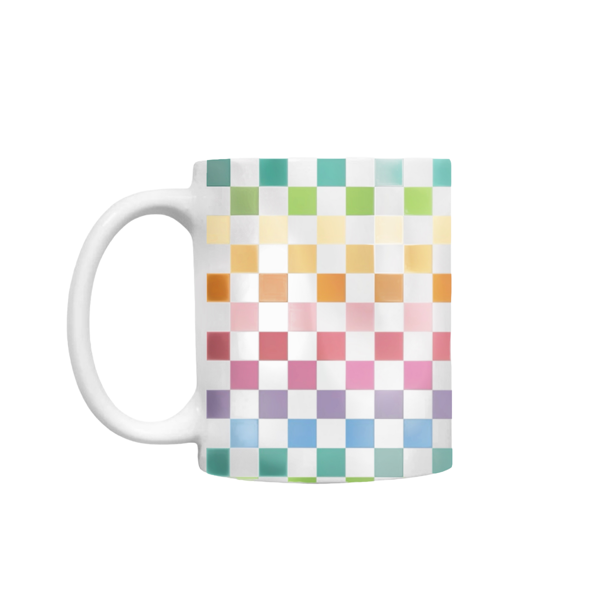 White mug with a colorful checkered pattern on a white background