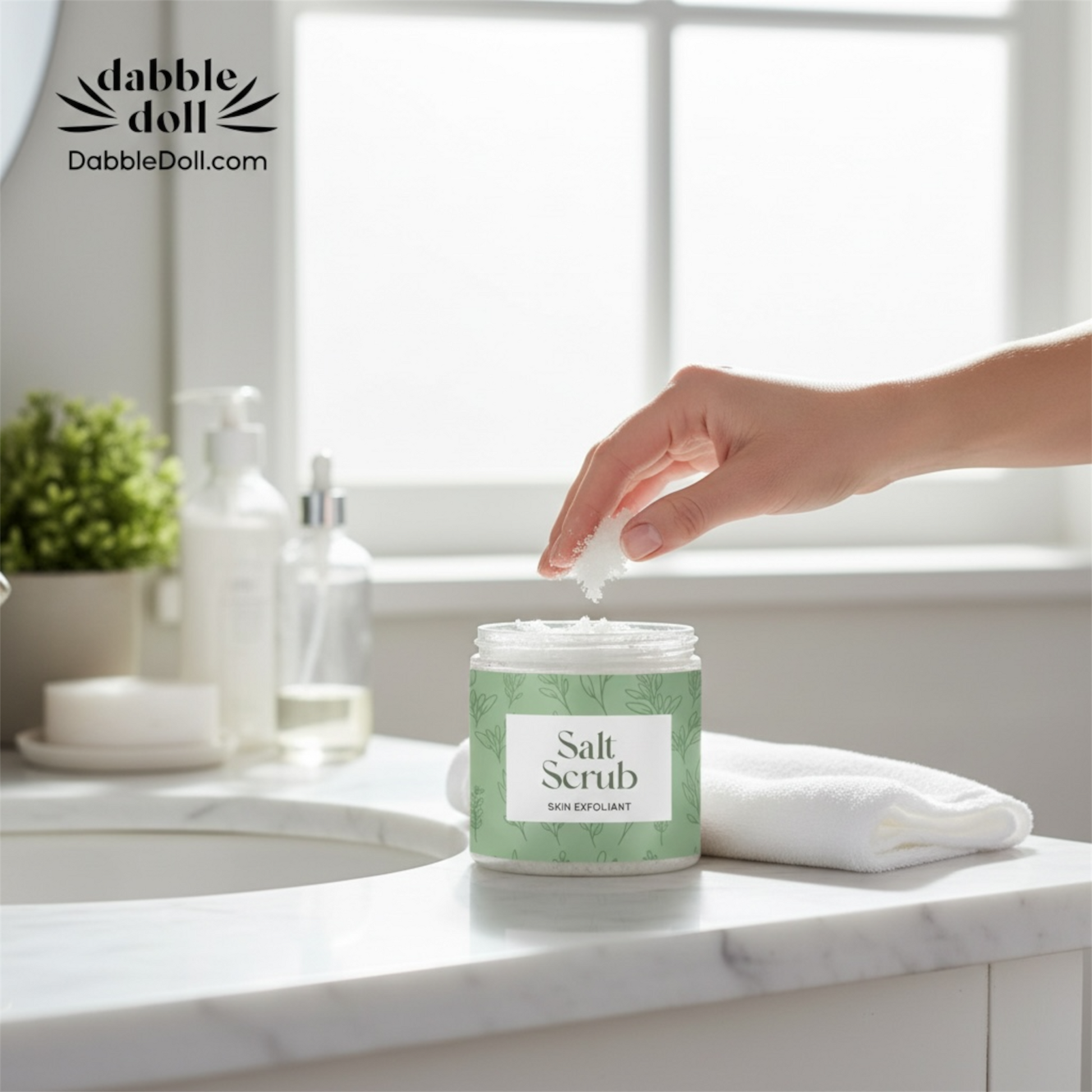 Salt scrub on bathroom counter, pamper gift box, spa gift for women 