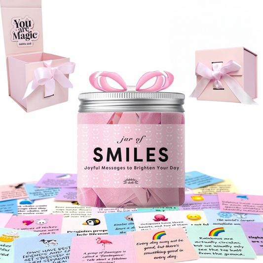 Jar of smiles filled with joyful uplifting notes with gift box, gift for girls, teens, women 