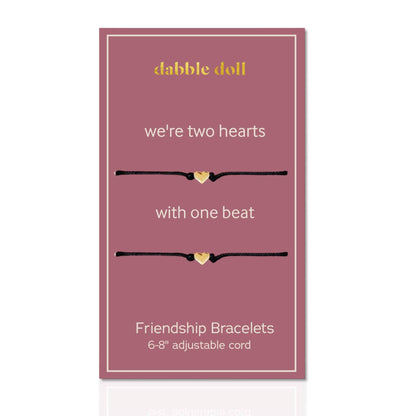 Heart friendship bracelet, gift bracelet for friends, heart bracelet on adjustable cord, two hearts one beat, heartfelt gift 