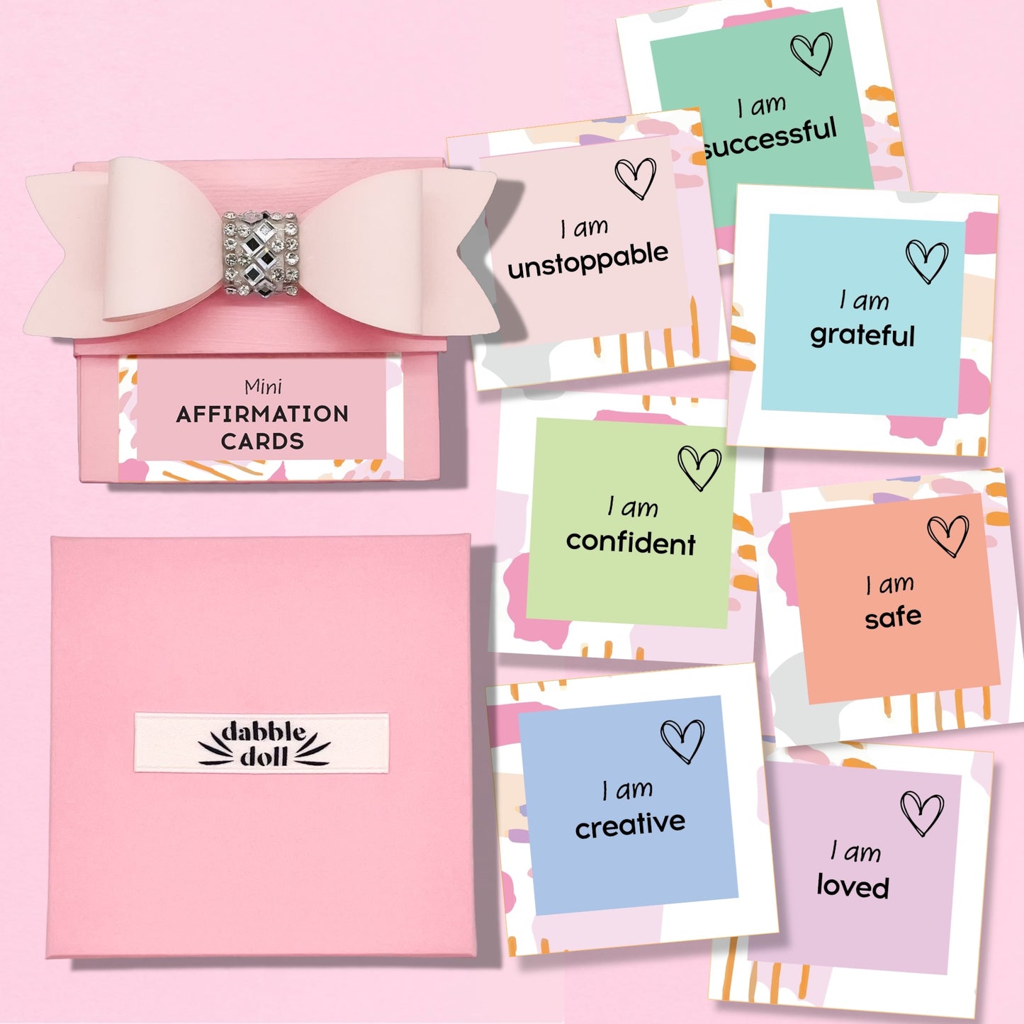 Pink mini affirmation cards set by Dabble Doll for girls and women featuring empowering messages