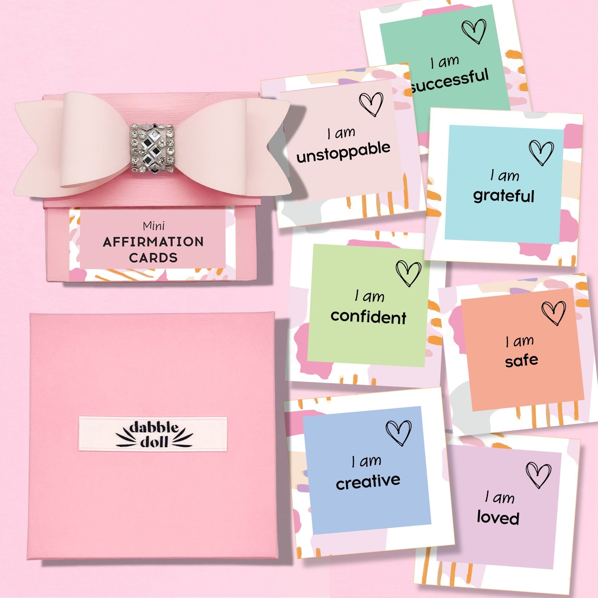 Pink mini affirmation cards set by Dabble Doll for girls and women featuring empowering messages