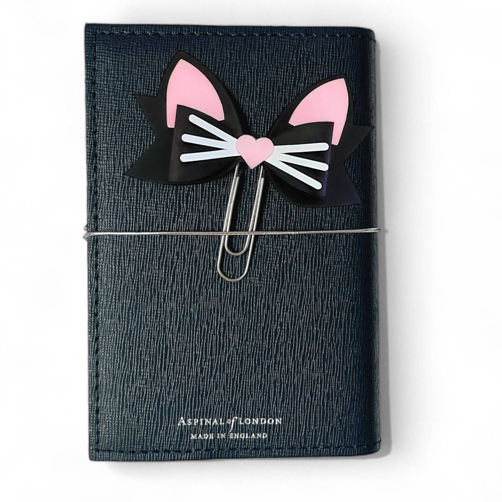 Dabble Doll cat stationery leather notebook with a cute kitty bow paperclip design