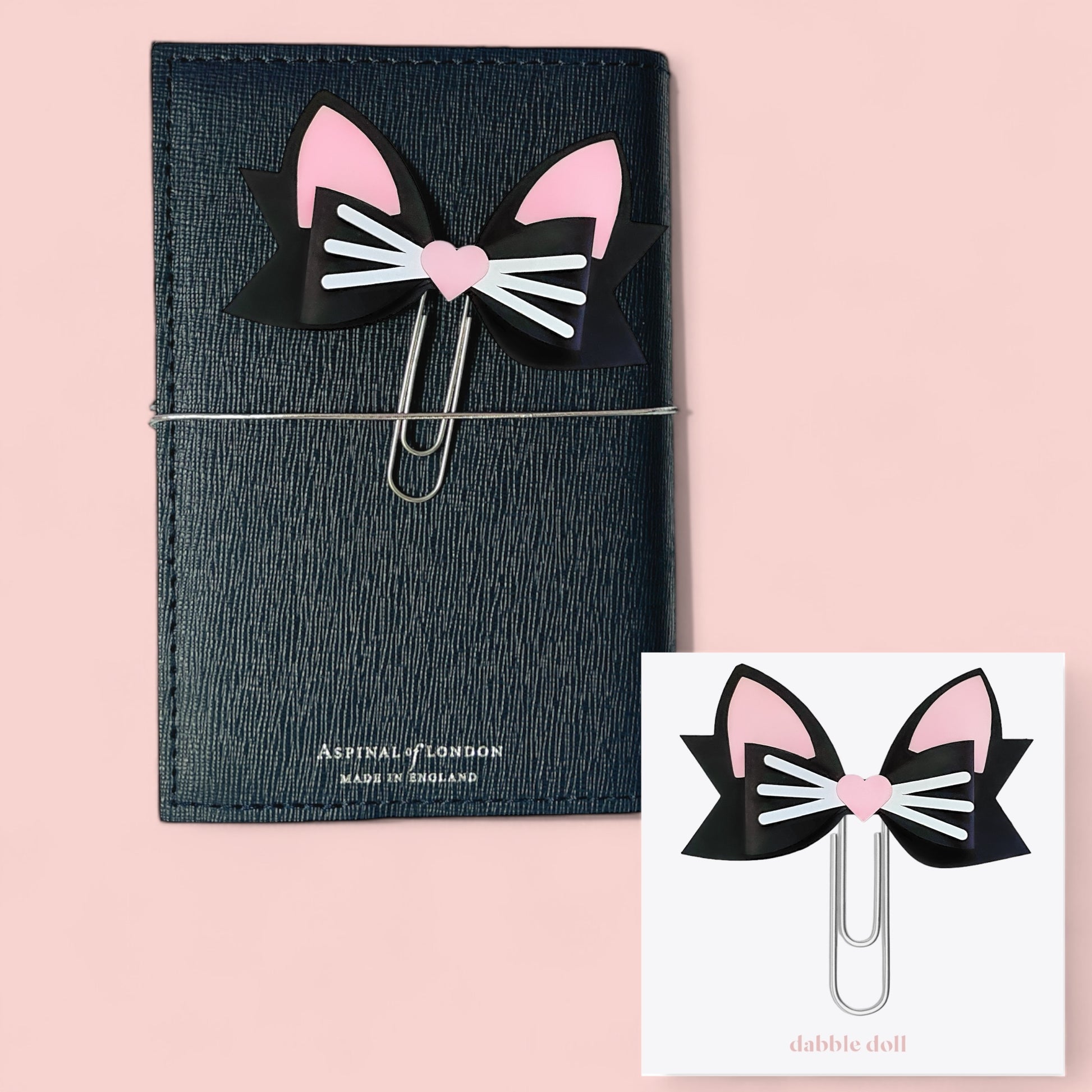 Cute Dabble Doll cat stationery with bow paperclip and notebook for cat lovers