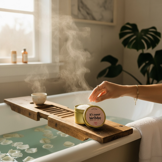 Dabble Doll Birthday Gift Box with scented candle and bath essentials for a relaxing spa experience