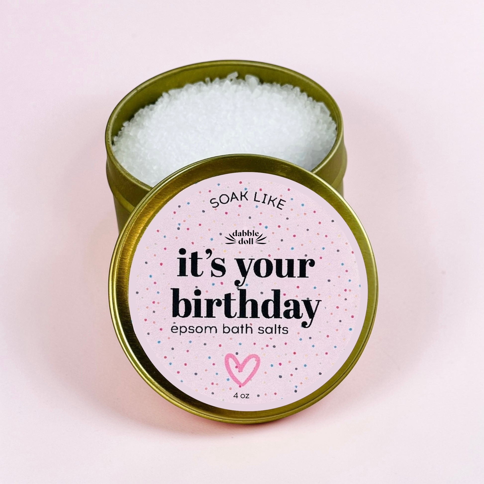 Dabble Doll birthday gift box with It's Your Birthday Epsom bath salts in a green tin