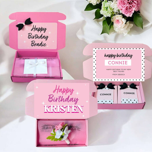 Pink Dabble Doll Gift Box for a Birthday gift featuring personalized messages and decorative elements