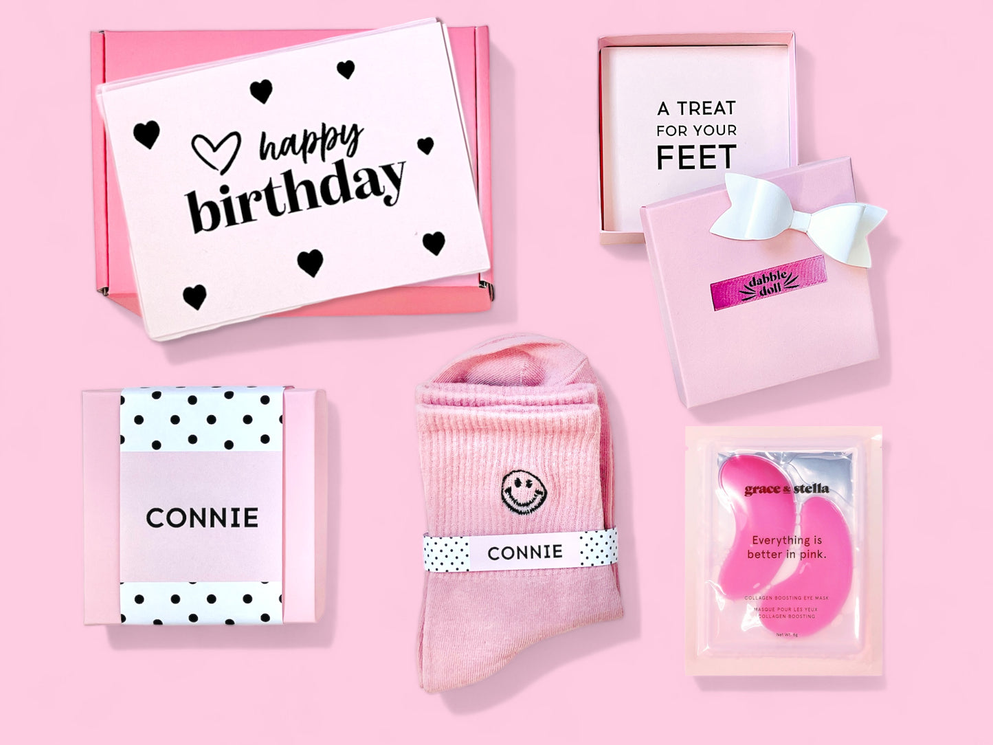 Pink Birthday Gift Box Set for Girls featuring Fun Socks and Treats for Women