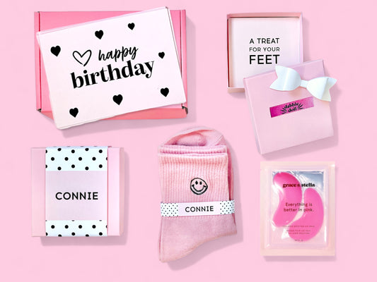 Pink Birthday Gift Box Set for Girls featuring Fun Socks and Treats for Women