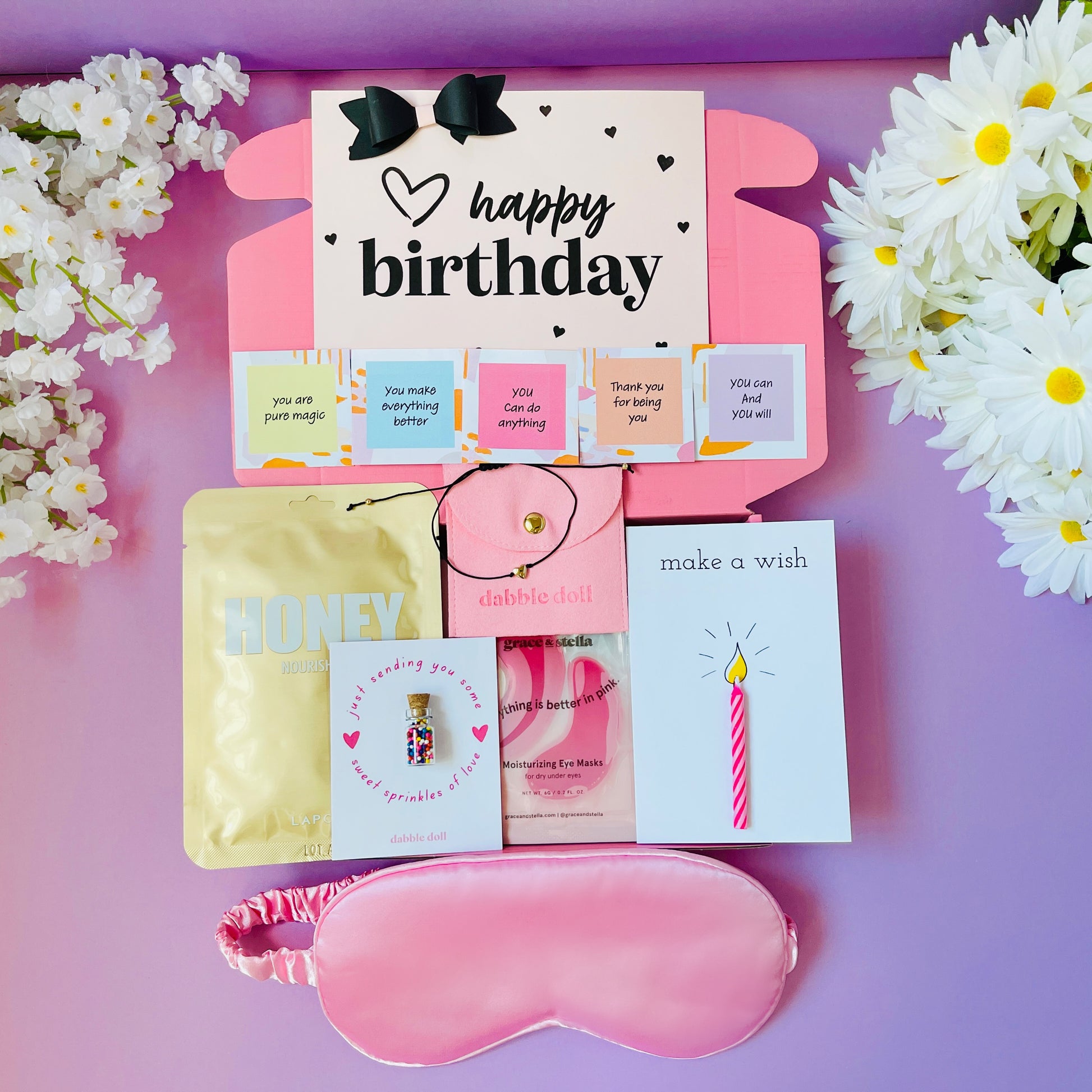 Dabble Doll Birthday Gift Box with Sleep Mask, Fun Cards, and Happy Birthday Card