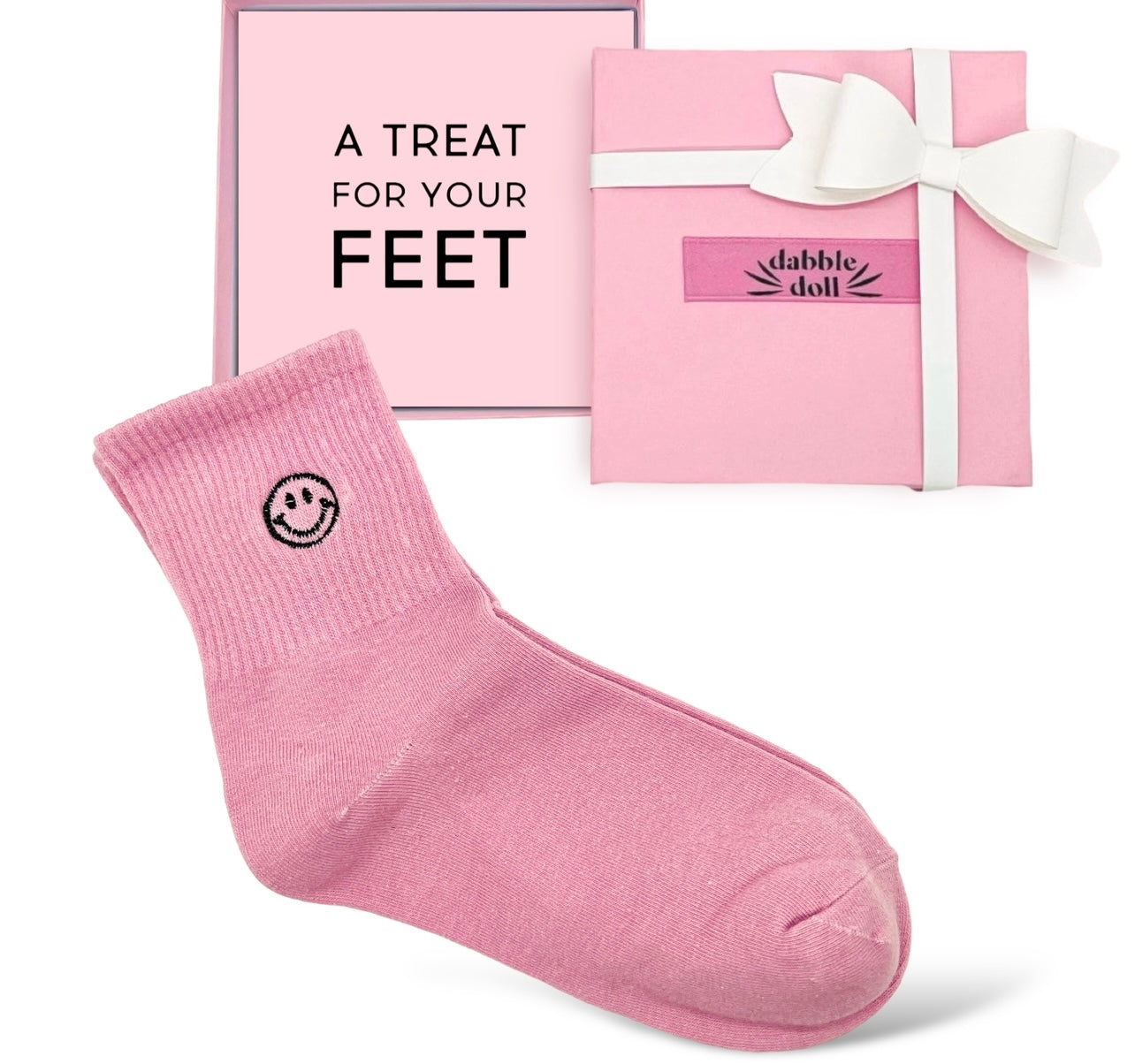 Pink Dabble Doll Birthday Socks with Smiley Face Design, perfect for girls and women gifts