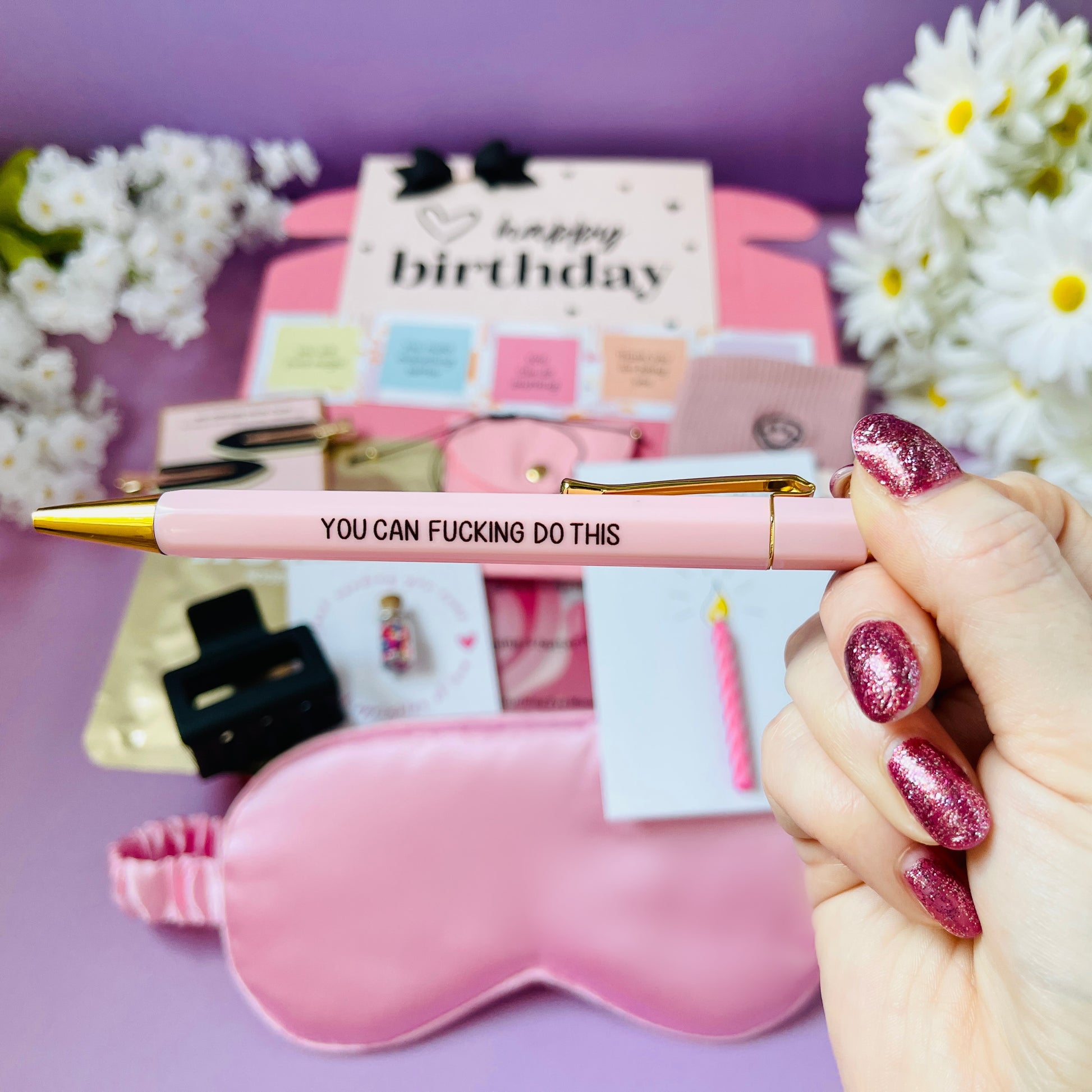 Dabble Doll Birthday Gift Set featuring a motivational pen and cute accessories, perfect for celebrating birthdays