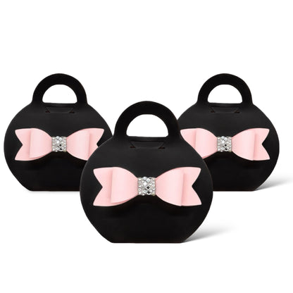 Dabble Doll black purse favor bags with pink bow and rhinestone detail for party gifts