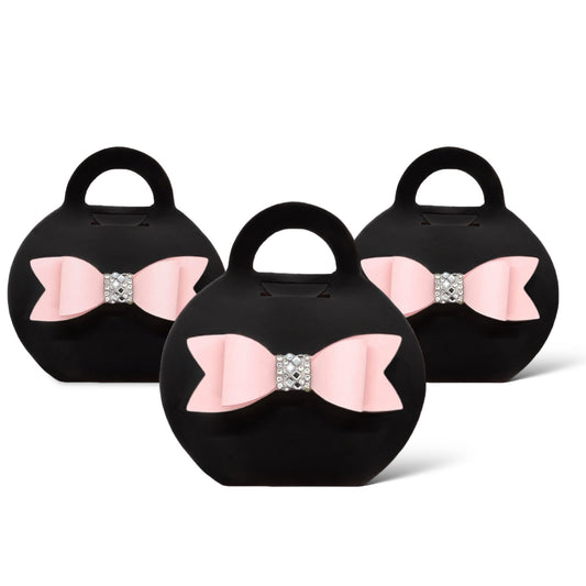 Dabble Doll black purse favor bags with pink bow and rhinestone detail for party gifts