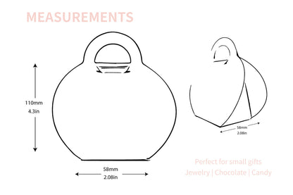 Diagram showing measurements of blush purse favor bags by Dabble Doll for small gift packaging