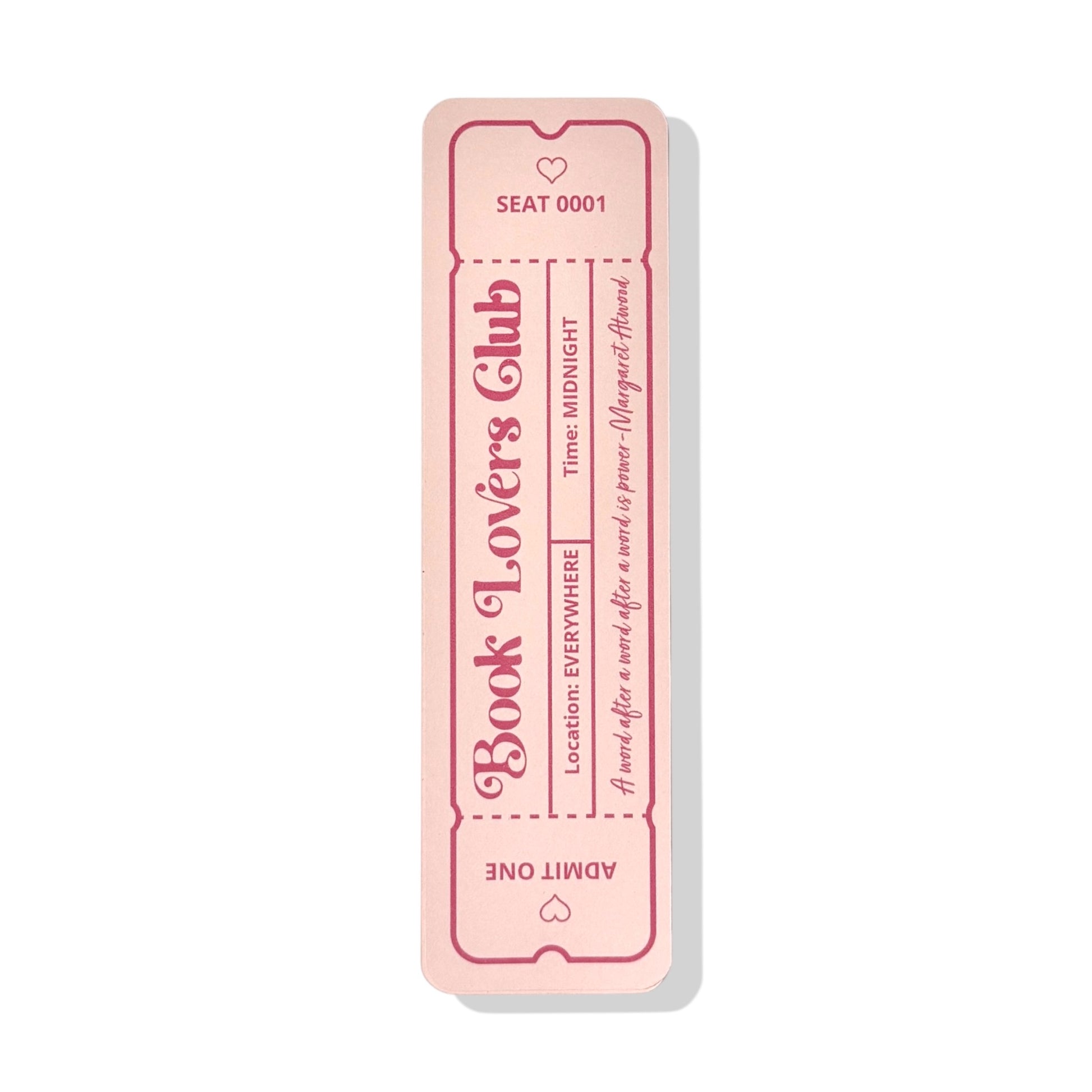 Dabble Doll Book Lovers Club bookmark in pink with details about location and time