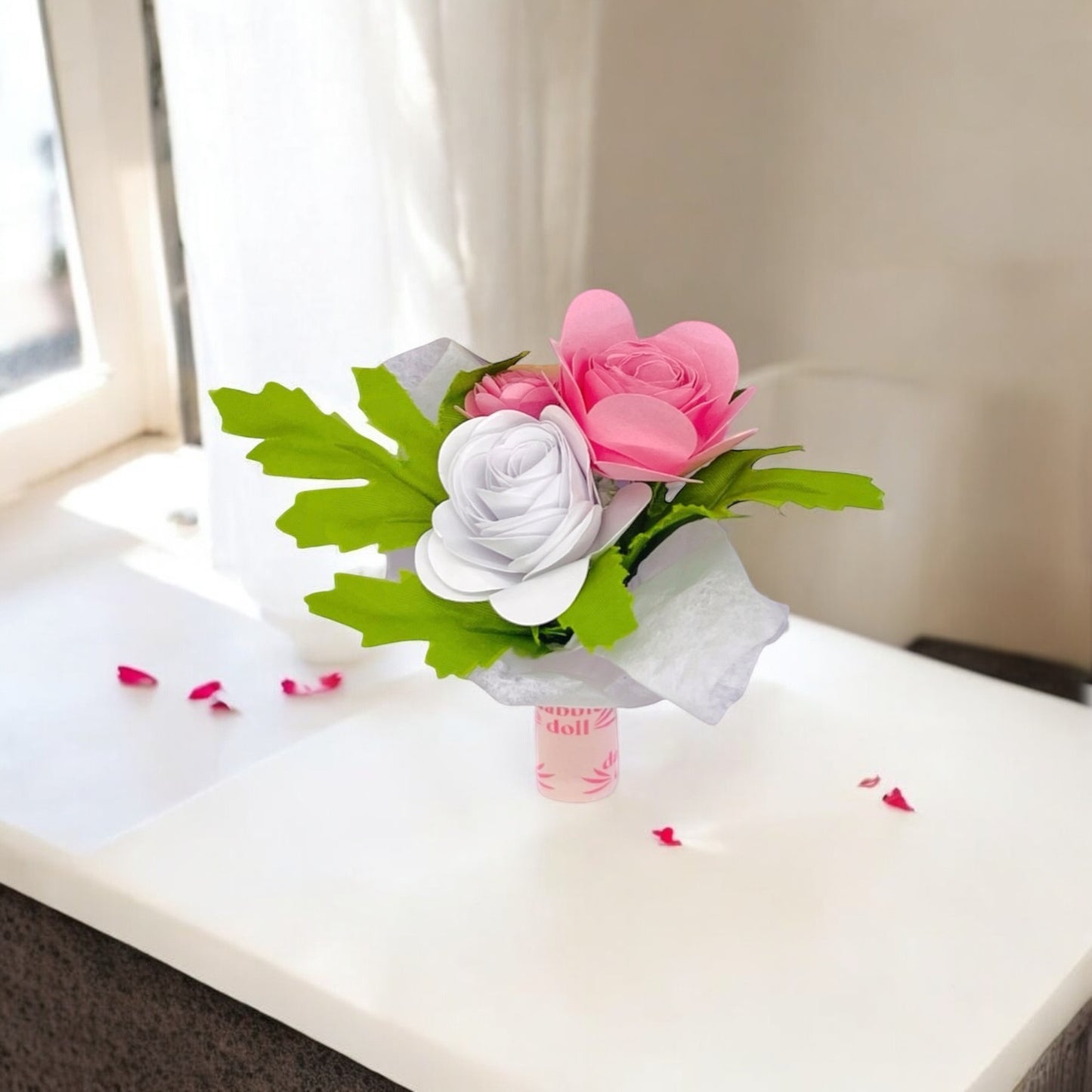 Pink and white paper bouquet in a vase, perfect for girls and women, by Dabble Doll