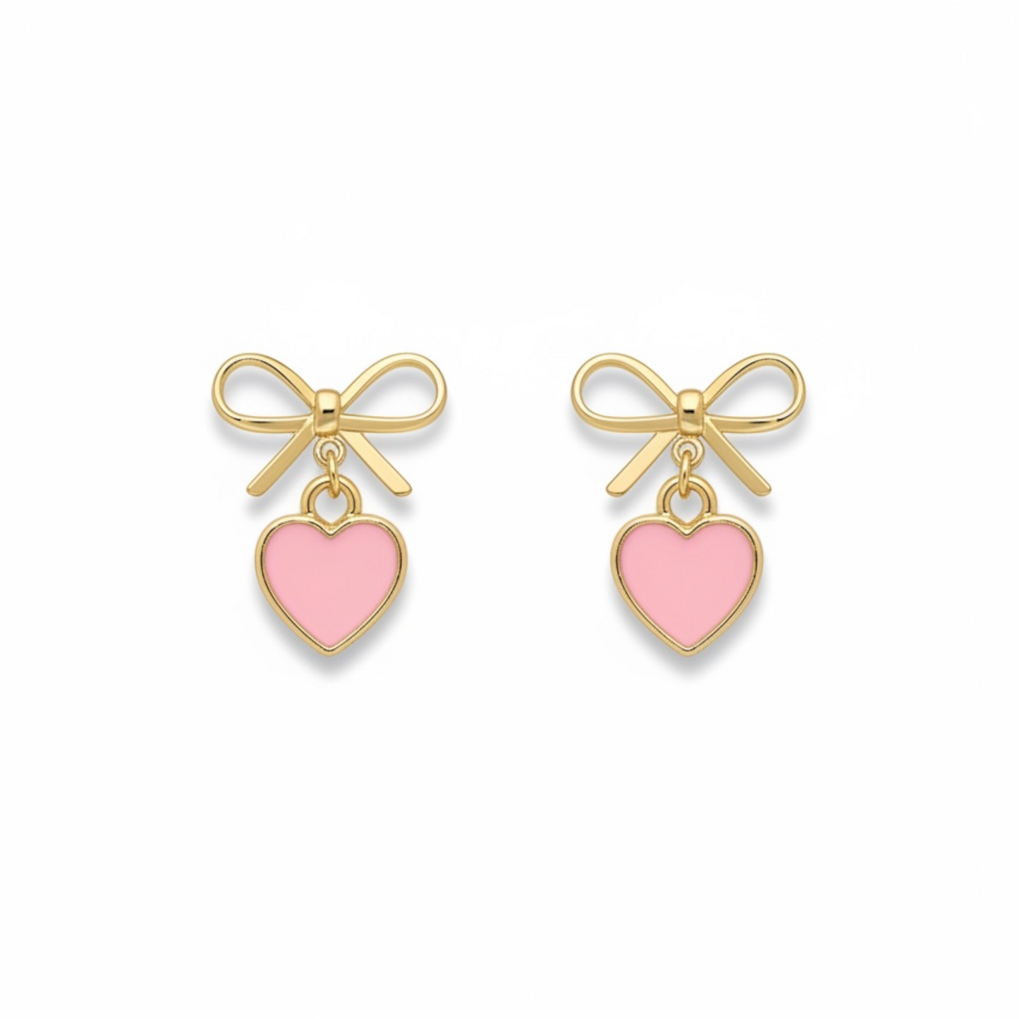 Dabble Doll Gold Bow Earrings with Pink Heart Charm for a Cute and Playful Look