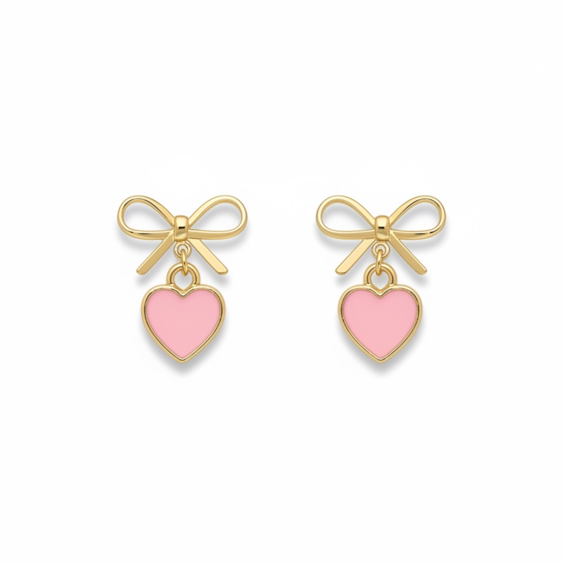 Dabble Doll Gold Bow Earrings with Pink Heart Charm for a Cute and Playful Look