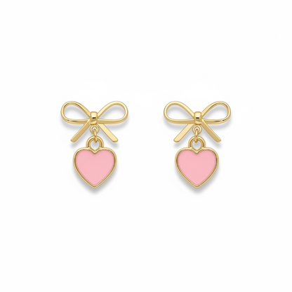Dabble Doll Gold Bow Earrings with Pink Heart Charm for a Cute and Playful Look