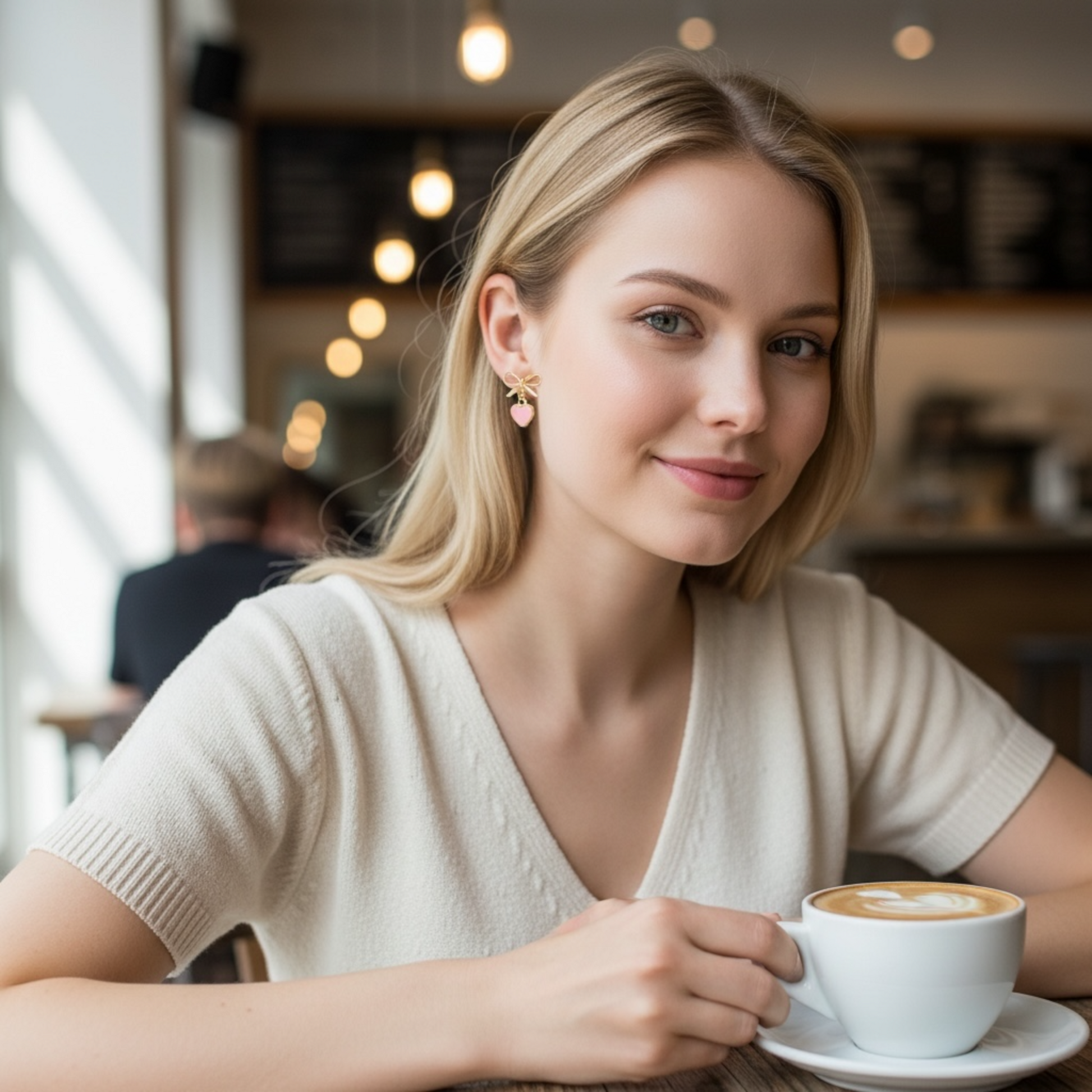 Dabble Doll stylish bow earrings worn by a young woman in a café setting