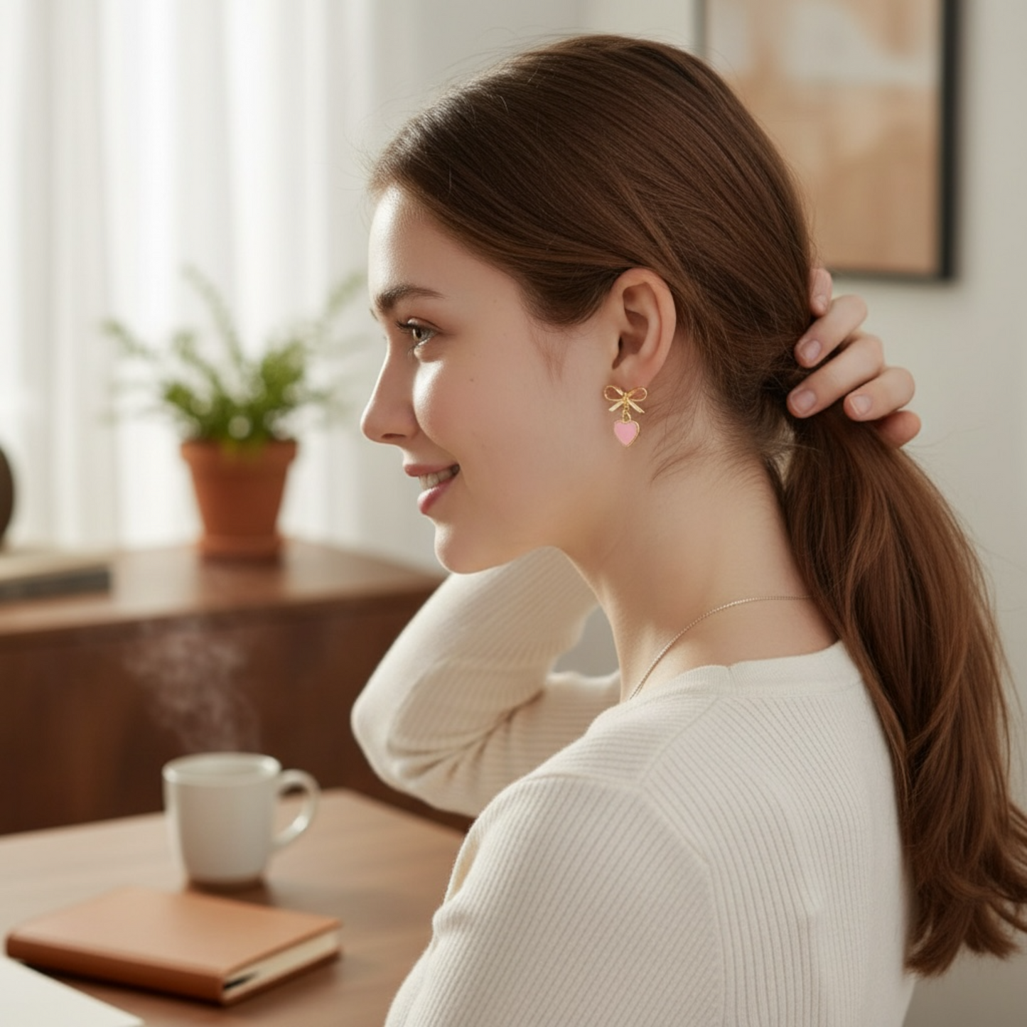 Dabble Doll bow earrings in pink, worn by a woman with a ponytail in a cozy setting
