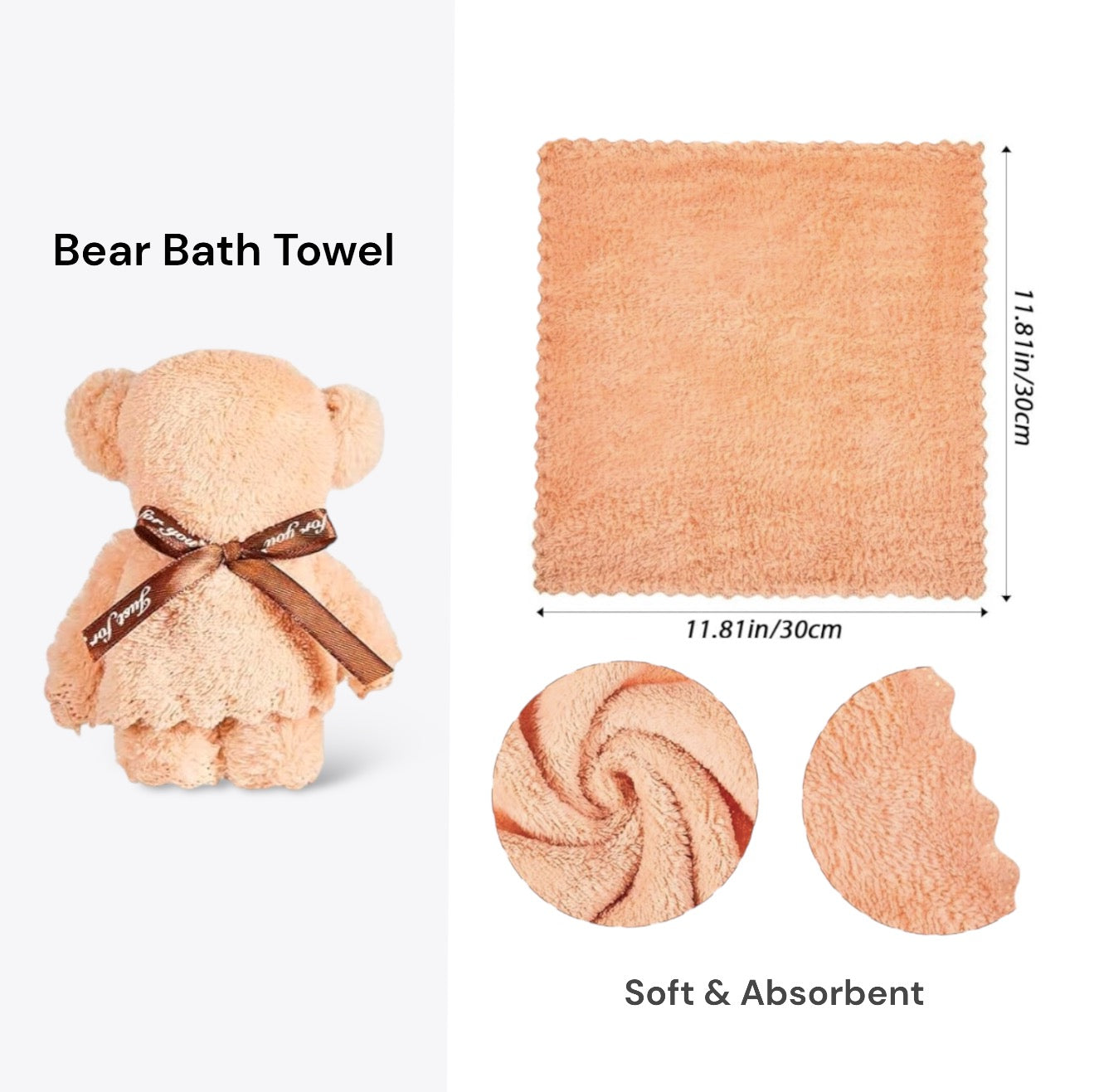 Dabble Doll Bear Bath Towel in Peach with Soft and Absorbent Care Package for Baby Gifts