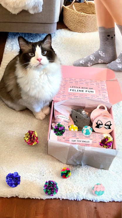 Dabble Doll Cat Toy gift box in pink and colorful balls, perfect for girls and ladies who love feline fun