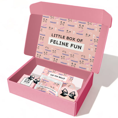 Pink gift box with cat toy balls designed for girls and women featuring playful cat patterns