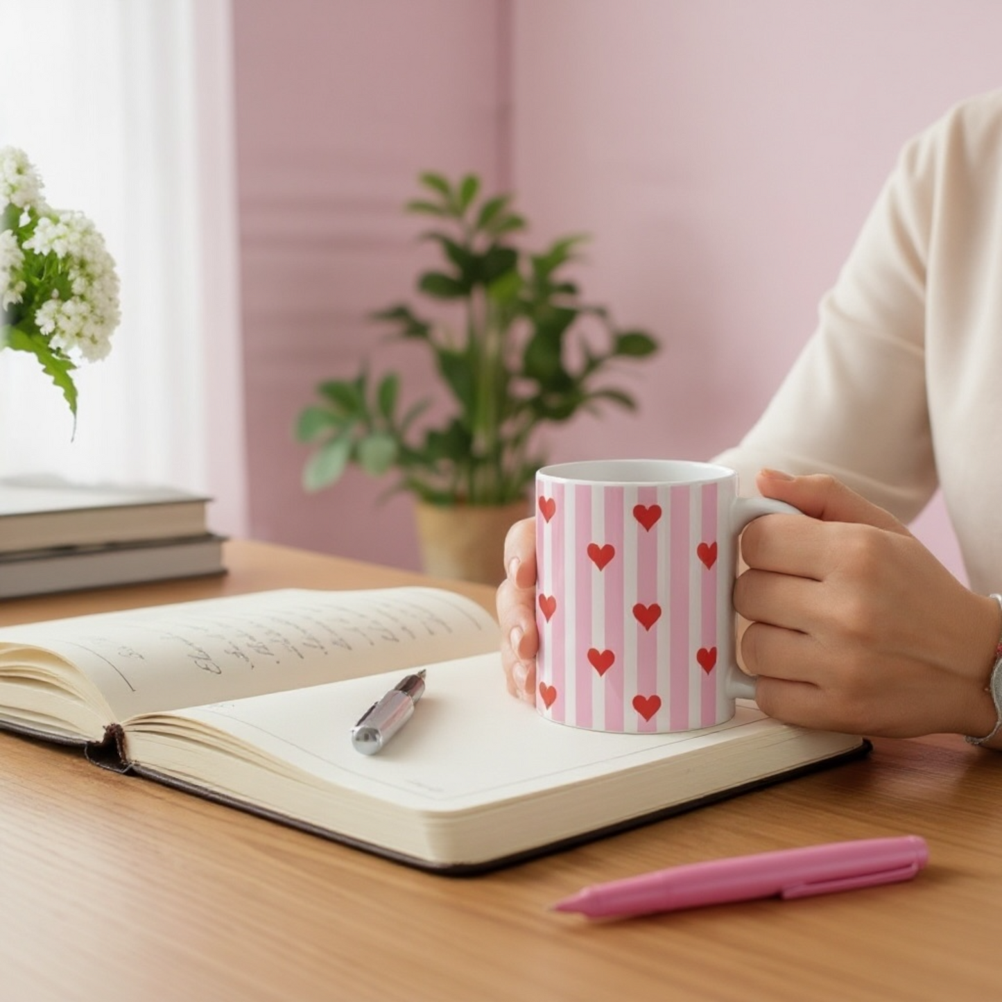 Dabble Doll ceramic mug with pink and red heart pattern, ideal for coffee lovers and cozy moments