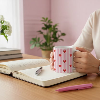 Dabble Doll ceramic mug with pink and red heart pattern, ideal for coffee lovers and cozy moments