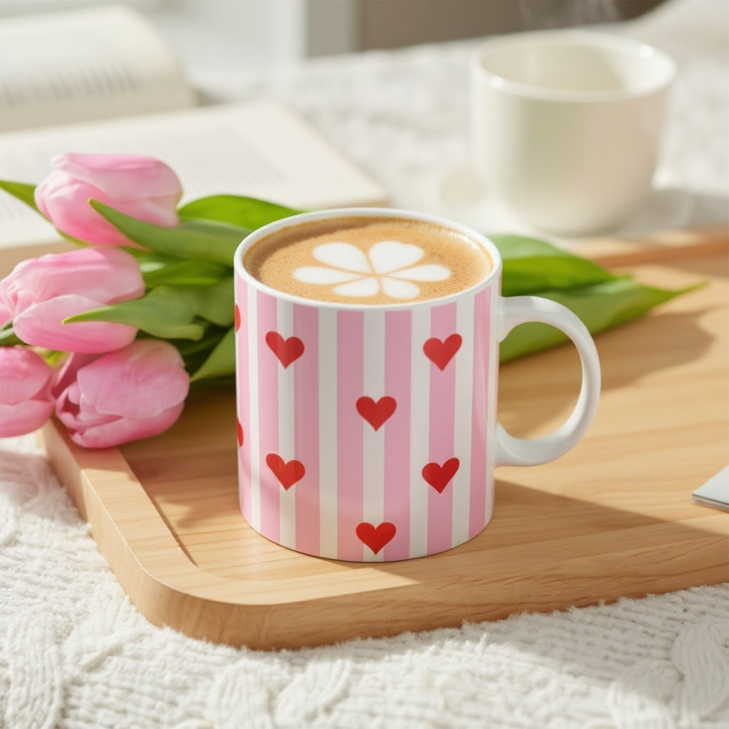 Dabble Doll ceramic mug with pink stripes and red hearts, perfect for coffee lovers and gifts